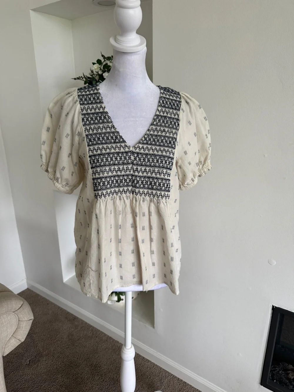 Madewell Cream Blouse with Black Smocked V-Neck
